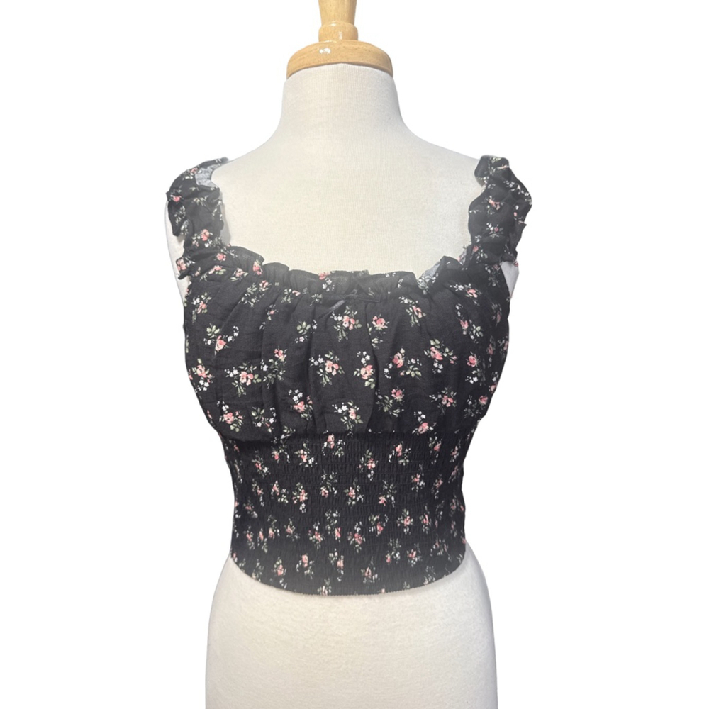 LOVE TREE Black Floral Smocked Crop Top L